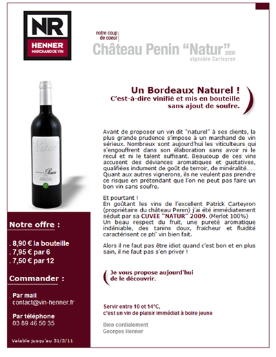 Création de sites web / internet : Newsletter marchand de vin Henner